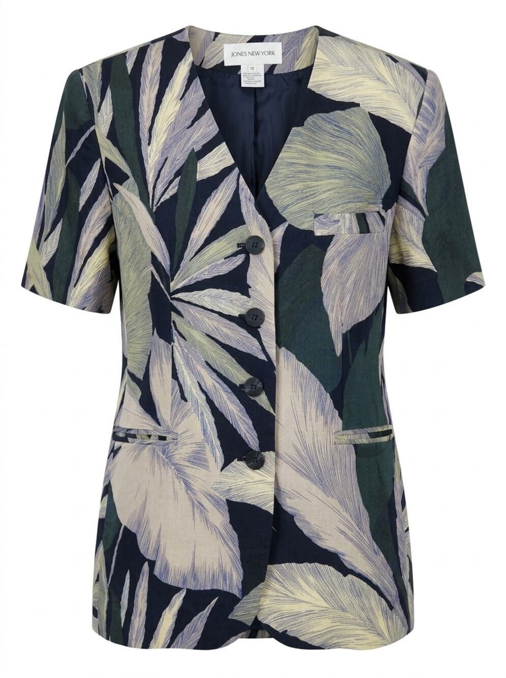 Vintage Jones New York 100% Linen Floral Lined V-Neck Jacket Women Size 12